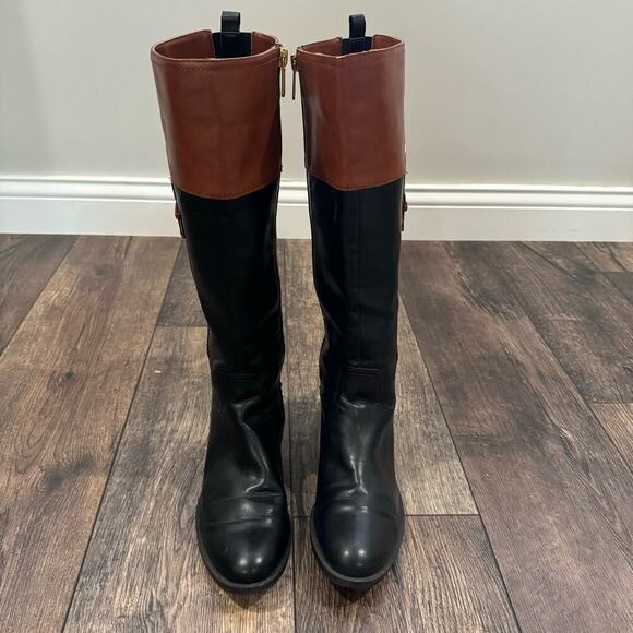 Tommy‎ Hilfiger Riding Boots Two-Tone Knee High Logo Black Brown Size 8 - Picture 4 of 10